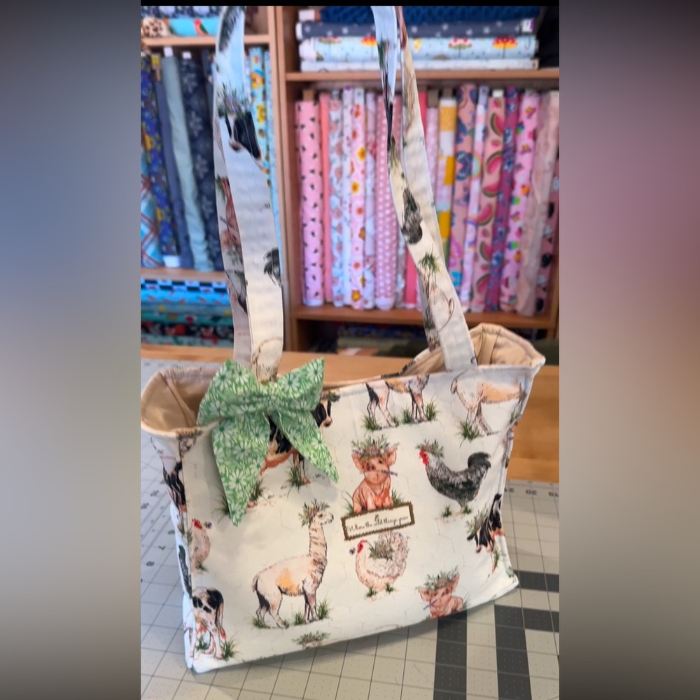 Farm Animal Print Tote Bag with Green Bow